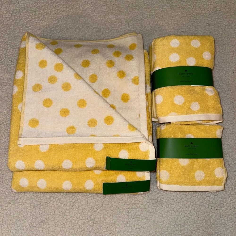 Kate Spade Sunshine Pastel Yellow Reversible Polka Dot Towel Set NWT